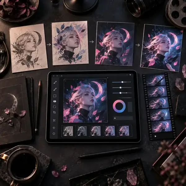 Creative desk showing an AI character image development sequence