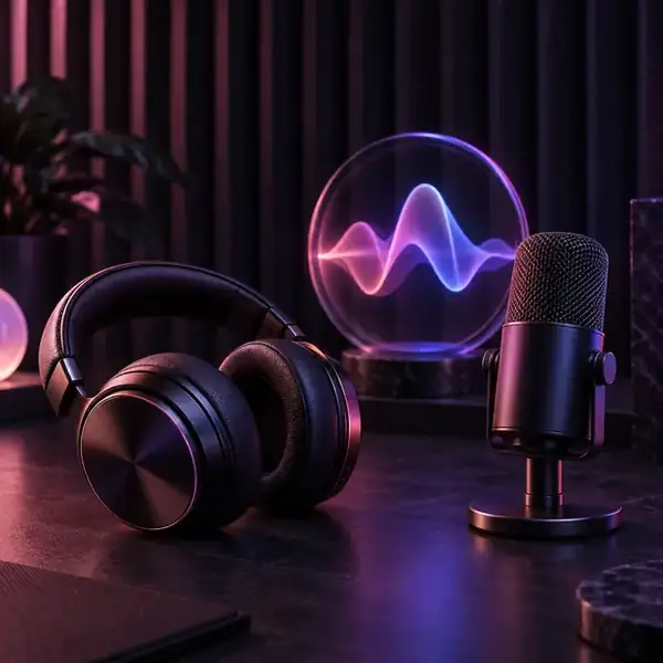 Headphones and microphone representing an AI voice conversation